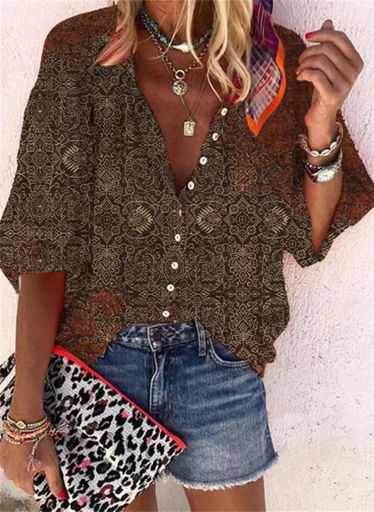 2024 New Women's Shirts & Blouses Fashion Vintage Printed Casual Vacation Bohemian Style Lady Single-breasted Shirt Streetwear.