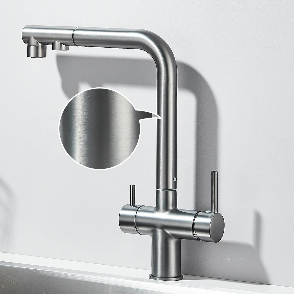 Filtered Kitchen Sink Faucet Pull Out Spray 360 Rotation Water Filter Tap Dual Sprayer Drinking Water Tap Vessel Sink Mixer