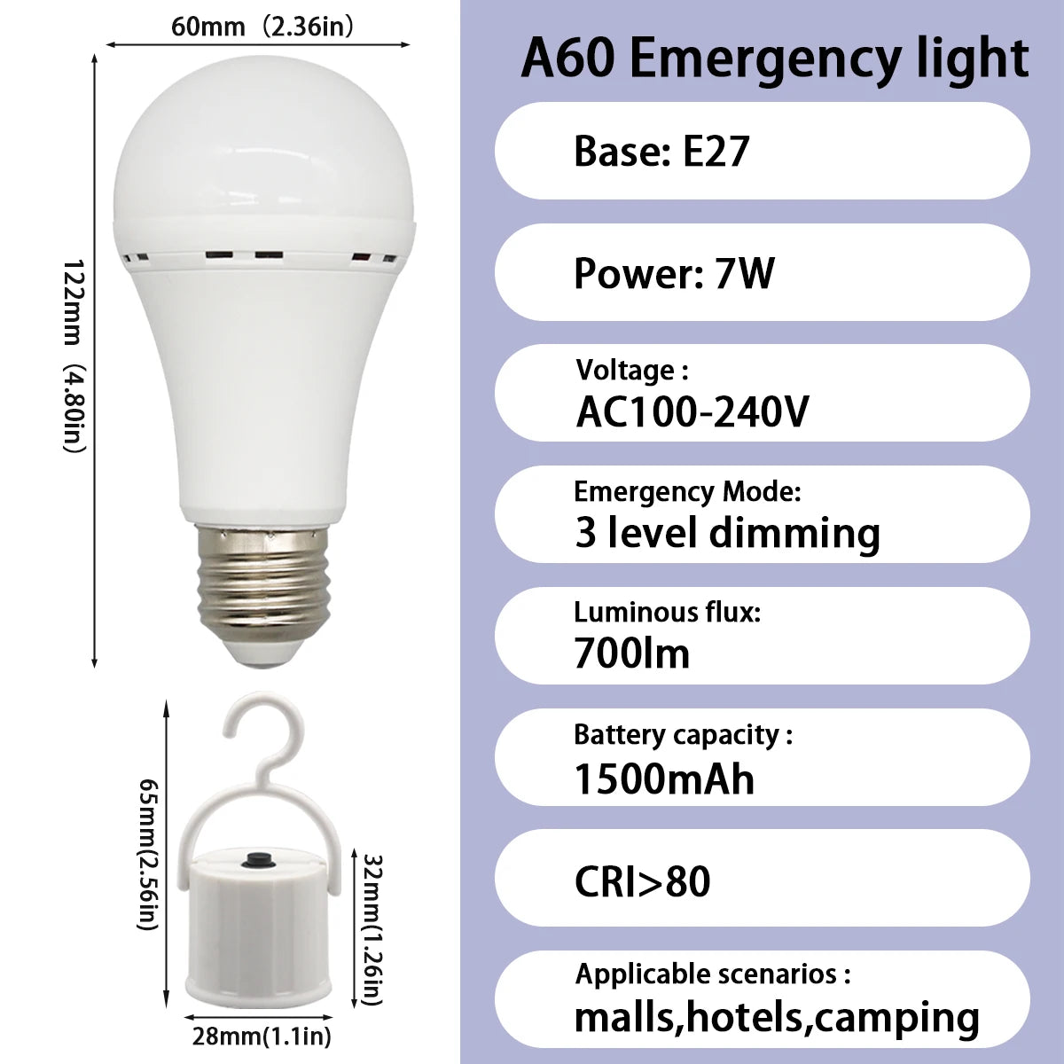 LED-Notfalllampe, wiederaufladbare Glühbirne, 7 W, E27, 110 V, 220 V, tragbar, zum Aufhängen, 3-Wege-Campinglampe, Zelt, Zuhause, Stromausfall, Veranda.