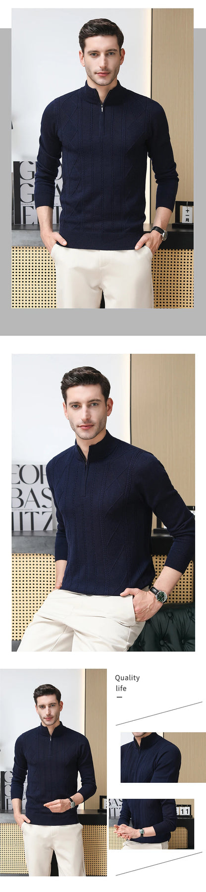 High End 100% Australia Wool Cashmere New Autum Winter Fashion Brand Casual Zip Up Men Pullover Knit Half Turtleneck Sweater.