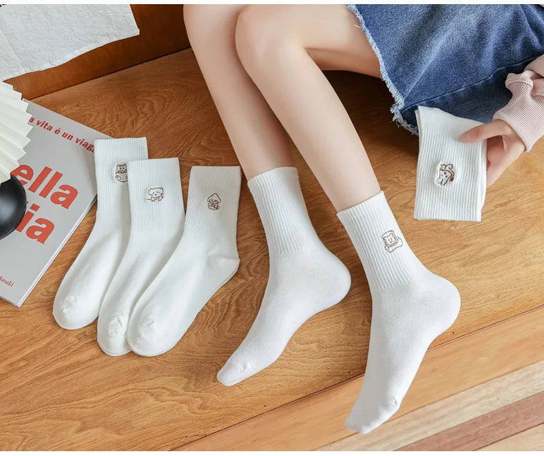 5 Pairs of White Women's Embroidered Socks for All Seasons Cotton Socks Mid-high Tube Student Cartoon Sports Socks.