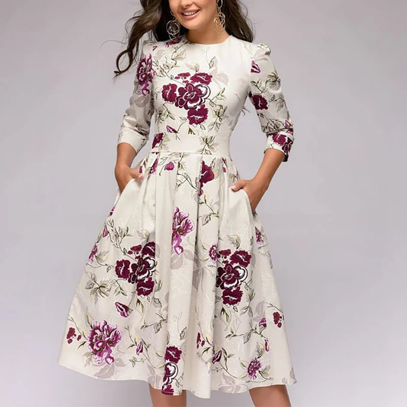 2023 frühling AutumnOffice Dame Knie Länge Elegante Vintage Langarm Party Kleider Frauen Floral Bedruckte Kleid Neue