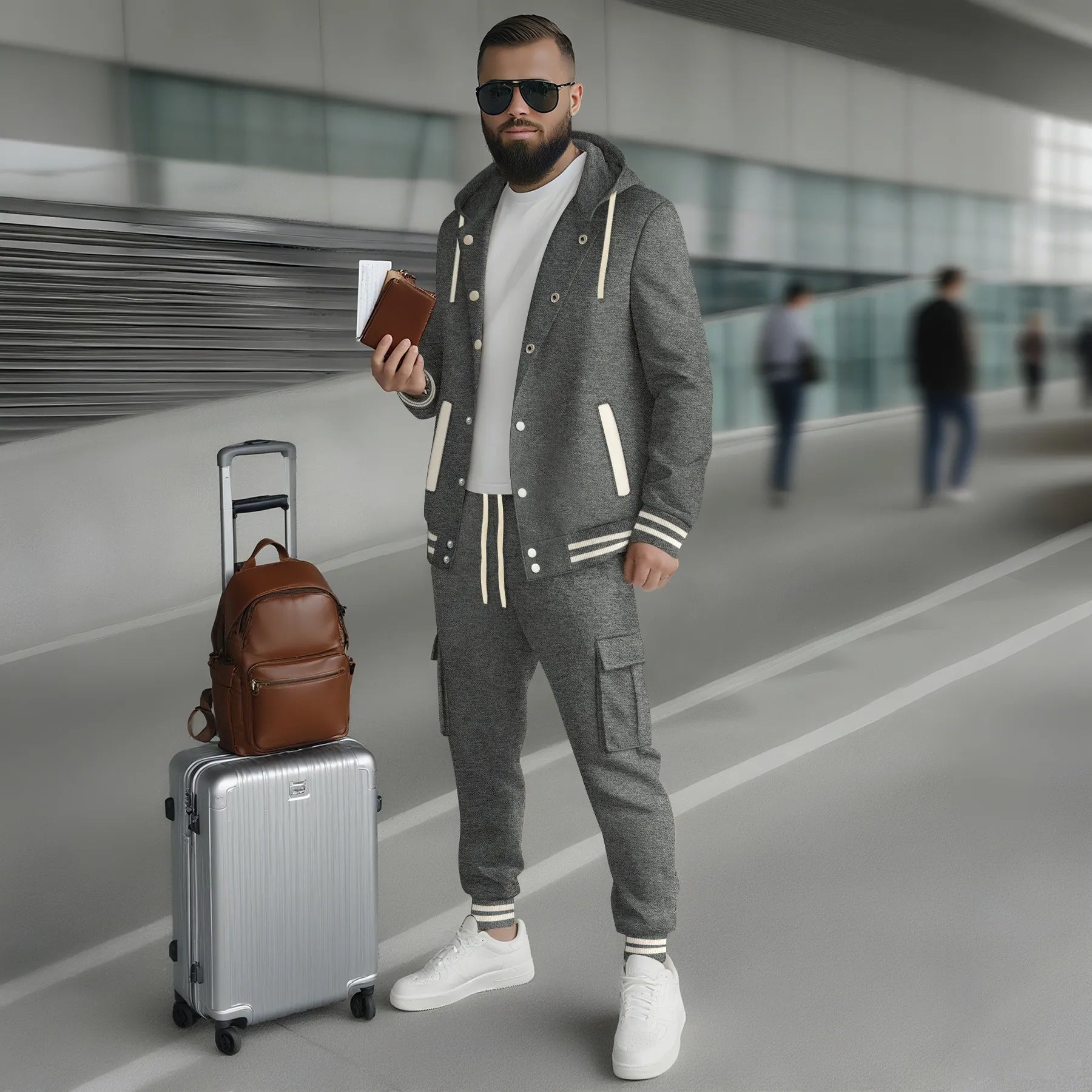 New autumn and winter men's large twill hooded baseball jacket and hoodie open cardigan long-sleeved work pants set.