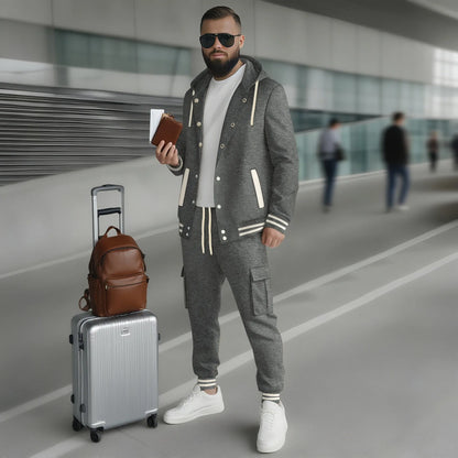 New autumn and winter men's large twill hooded baseball jacket and hoodie open cardigan long-sleeved work pants set.