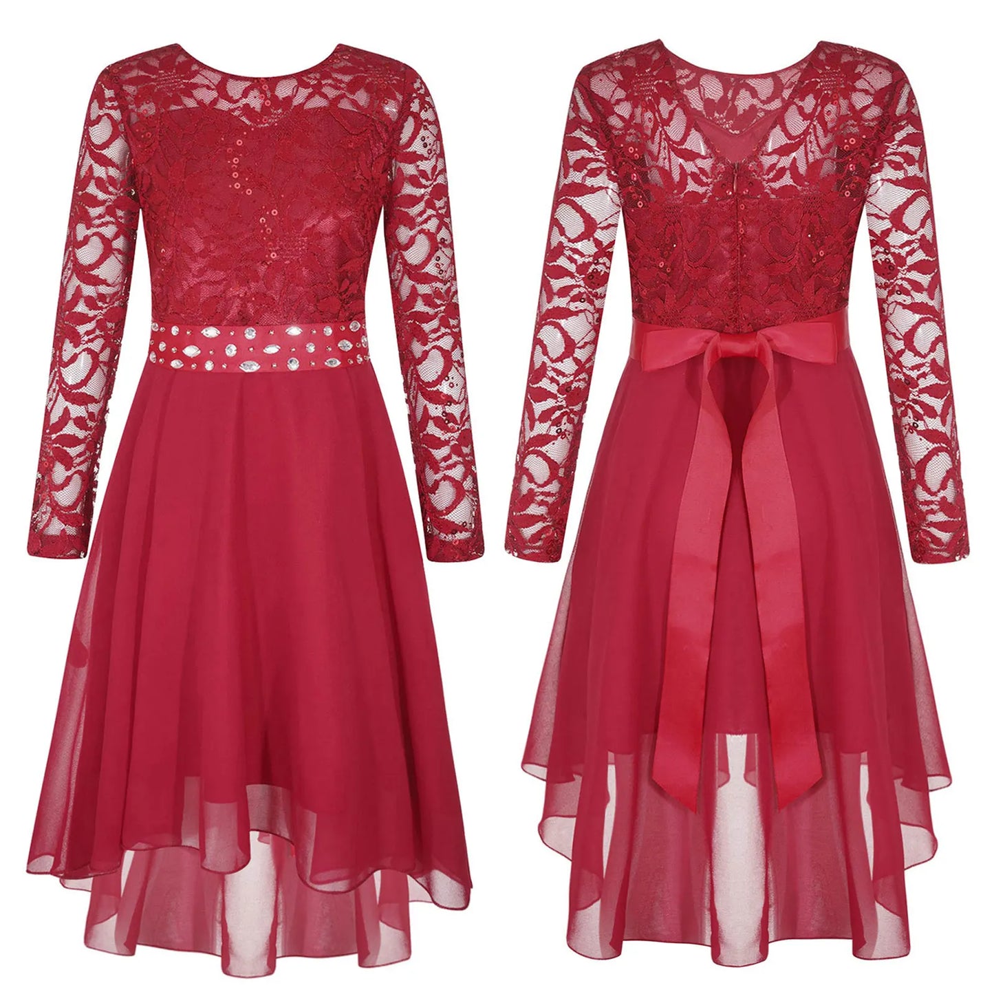 Elegantes Spitzen-Partykleid für Kinder, Mädchen, Chiffon, Spleißen, langärmelig, Kleid mit hohem und niedrigem Saum und Strass-Schärpe für Hochzeit, Geburtstag