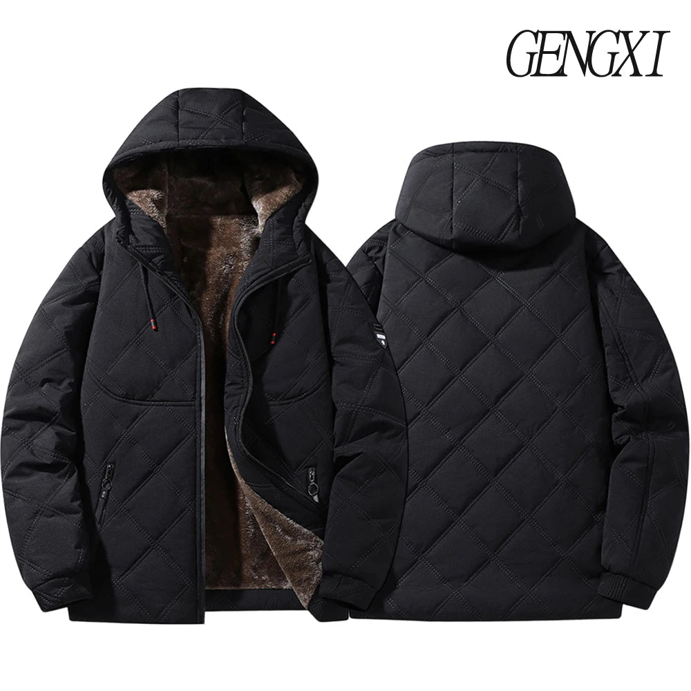 Winter Windproof Thermal Diamond-Pattern Fleece-Lined Thickened Cotton Coat Business Casual Hooded Jacket Fashionable Menswear.