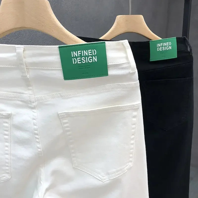 High-End Slim Fit Black White Men's Jeans Elastic Straight Leg Summer Thin Denim Casual Fashion Brand AE Stock Origin China.