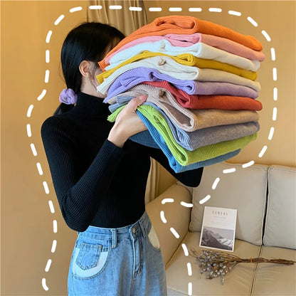 2023 herbst Winter Frauen Langarm Gestrickte Foldover Rollkragen Rippen Pull Pullover Weiche Warme Femme Jumper Pullover Kleidung.