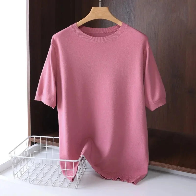 2025 Superfine Merino Wool T Shirt Men's Knitted O-neck Breathable Thin Cashmer Short Sleeve Tee Solid Color Tops.