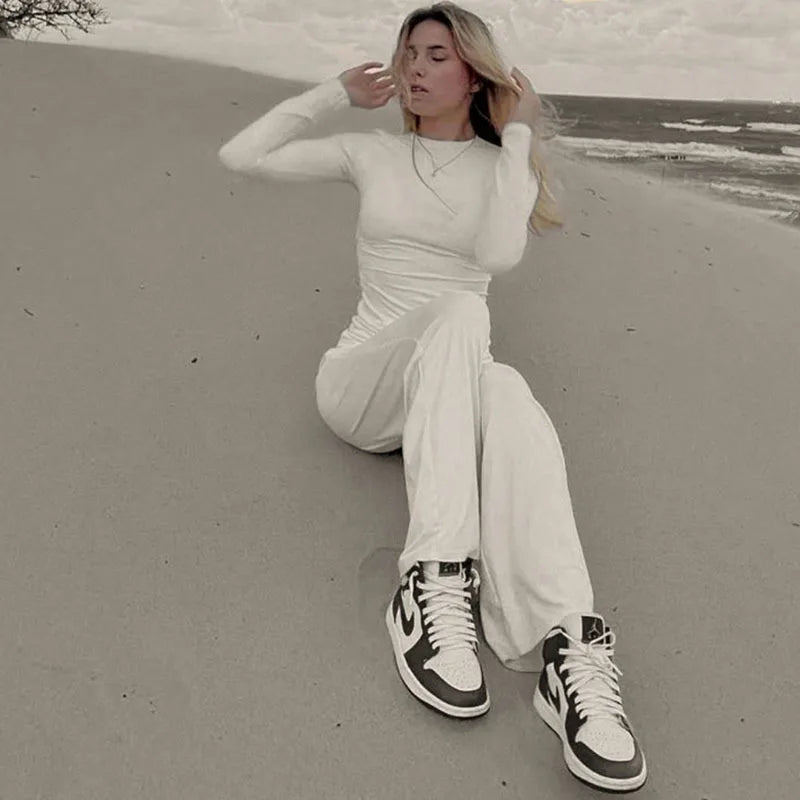 Apprabant Solid Pleated Casual Basic Trousers Set Round Neck Long Sleeve Top Fashion Sports Style High Waist Wide Leg Pants Suit.