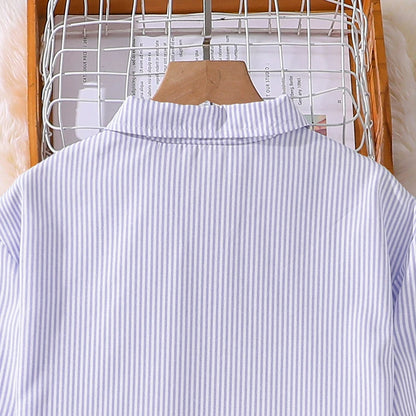 Spring Hot Sale Kids Outfit 4-12 Years Girls Striped Long Sleeve Chemise + Casual Loose Straight Leg Pants Shirt Suit 2Pcs Set.