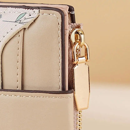 Slim Pu Leather Short Wallet Ins Multi Card Zipper Coin Wallet Strap Small Flower Card Bag Wallet Zipper Strap Women's Girl.