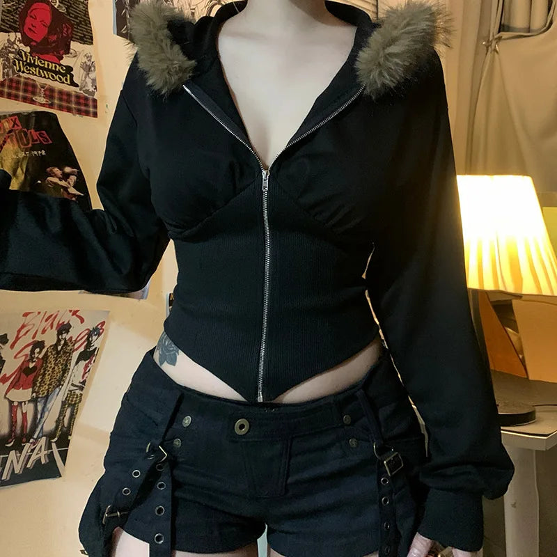 Goth Dark Autumn Winter Faux Fur Collar Solid Hooded Coats Women Casual Slim Waist Zip Hoodies Gothic Jackets Chic Streetwear.