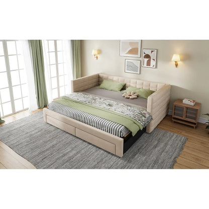 3-in-1 ausziehbares Schlafsofa 90 x 190 cm, Multifunktionsbett mit Schubladen, Einzel-/Doppelbett, Baumwolle und Leinen (Matratze nicht im Lieferumfang enthalten)