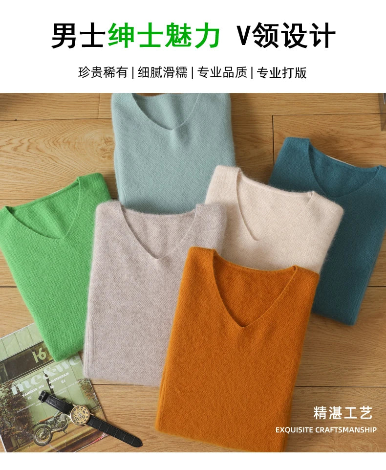 Men's 100% Pure Mink Cashmere Sweater V-Neck Pullovers Knit Large Size Mink Sweater Winter New Tops Long Sleeve High-End Jumpers.