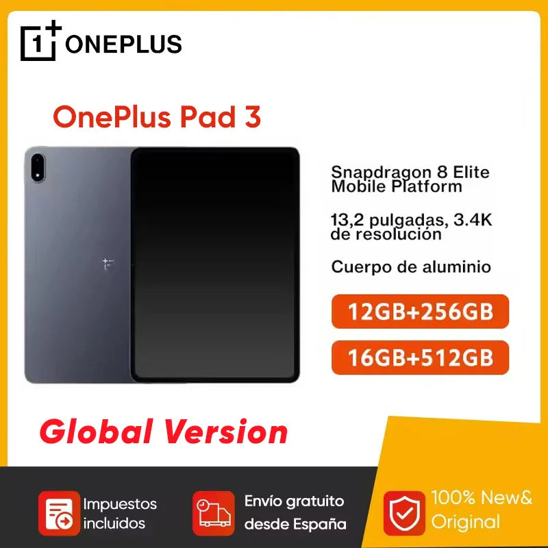 Global Version OnePlus Pad 3 13.2inches Tablet 144Hz Screen 12140mAh Snapdragon 8 Battery 13MP Rear Camera 8 Speakers 80W Charge.