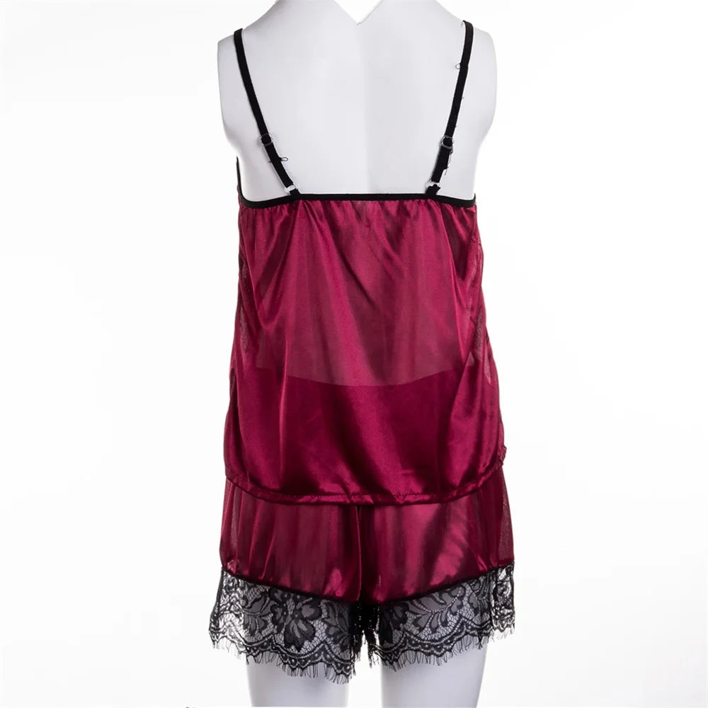 2 Stück sexy Pyjama Set Frauen sexy Spitze Patchwork Satin Seide Spaghetti träger Top heiße Shorts Pyjama Frauen Nachtwäsche Femme Pyjamas