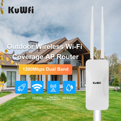 KuWFi 1200Mbps Outdoor Access Point Wireless WiFi Extender Dual Band 2.4G/5GHz AC1200 AP Router with High Gain External Antenna.