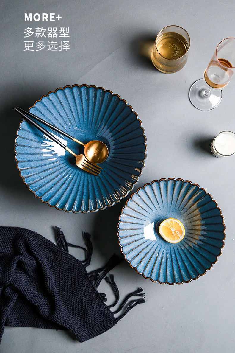 Retro Household Ceramic Tableware Kiln Variable Glaze Western Plate Creative Long Plate Main Dish Dinner Plate Kitchen Supplies.