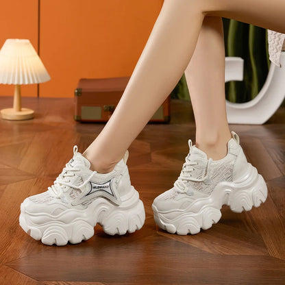 AUTUSPIN 10cm Pink Thick Soled Shoes for Summer Women Breathable Lace-up Ladies Sneakers Outdoor Casual Fashion Platform Shoes.