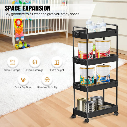 DayPlus Aufbewahrungswagen, 4-stufiger Küchenaufbewahrungswagen auf Rädern, Badezimmerwagen, Mobilitätswagen mit 360 °   Rotationsräder