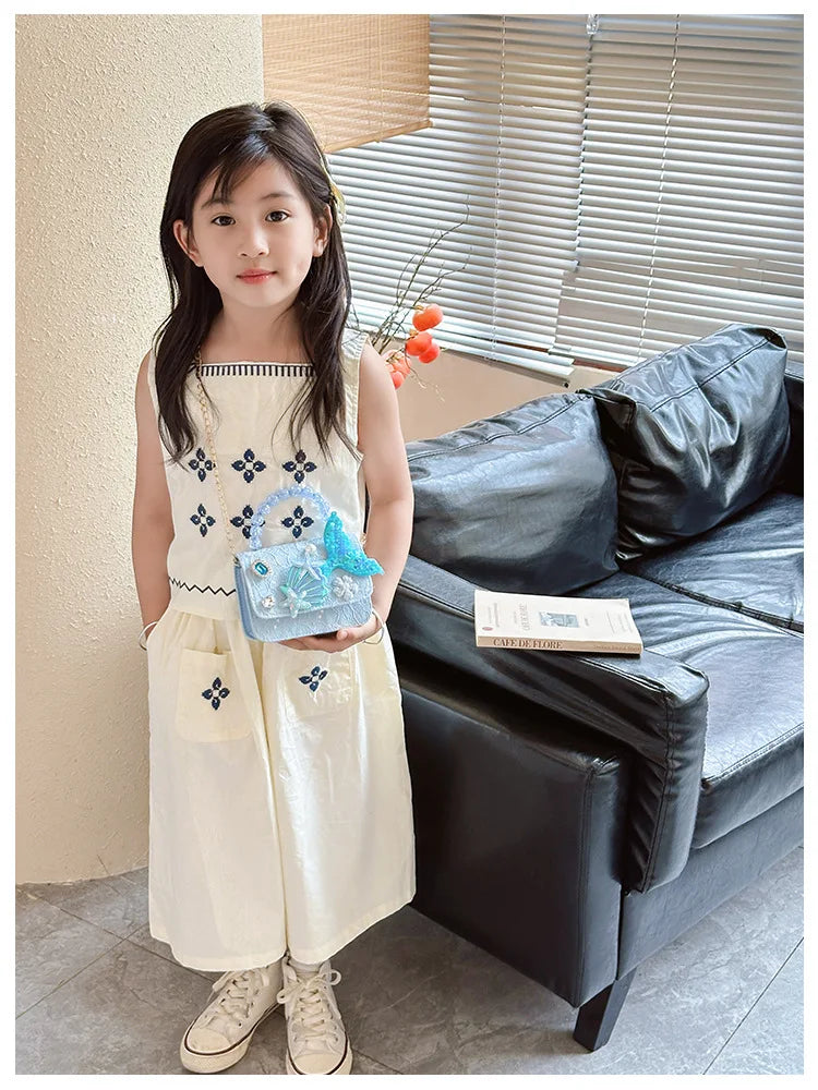 Lovely Sequin Girls Square Shoulder Bag Fish Tail Starfish Princess Crossbody Bags Bead Handle Children's Small Handbags Purse