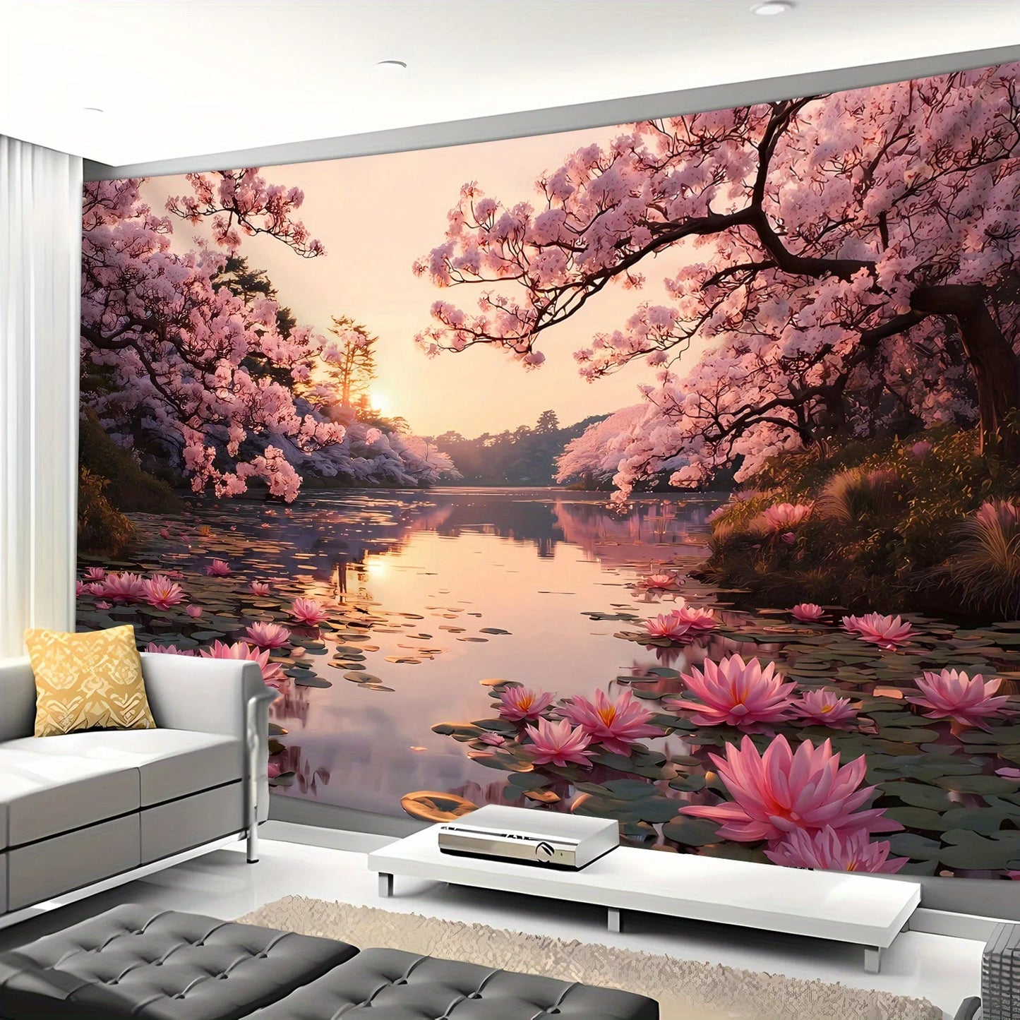 [Beautiful Landscape Tapestry] Extra Large Size - Beautiful Lotus and Cherry Blossom Lake Landscape Photo Tapestry | Polyester A.