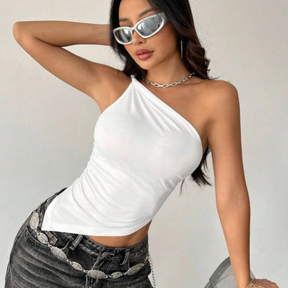 2025 New Fashionable Casual Women's T-Shirt Solid Color Single Shoulder Asymmetrical Slim Fit Top One-Piece Neck.