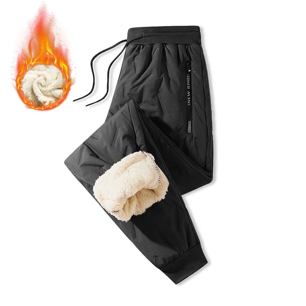 Winter Sweatwear Men's Plush Thick Sweatpant Thermal Zipper Pocket Trousers Casual Jogger Outdoor Windproof Thickened Pants.
