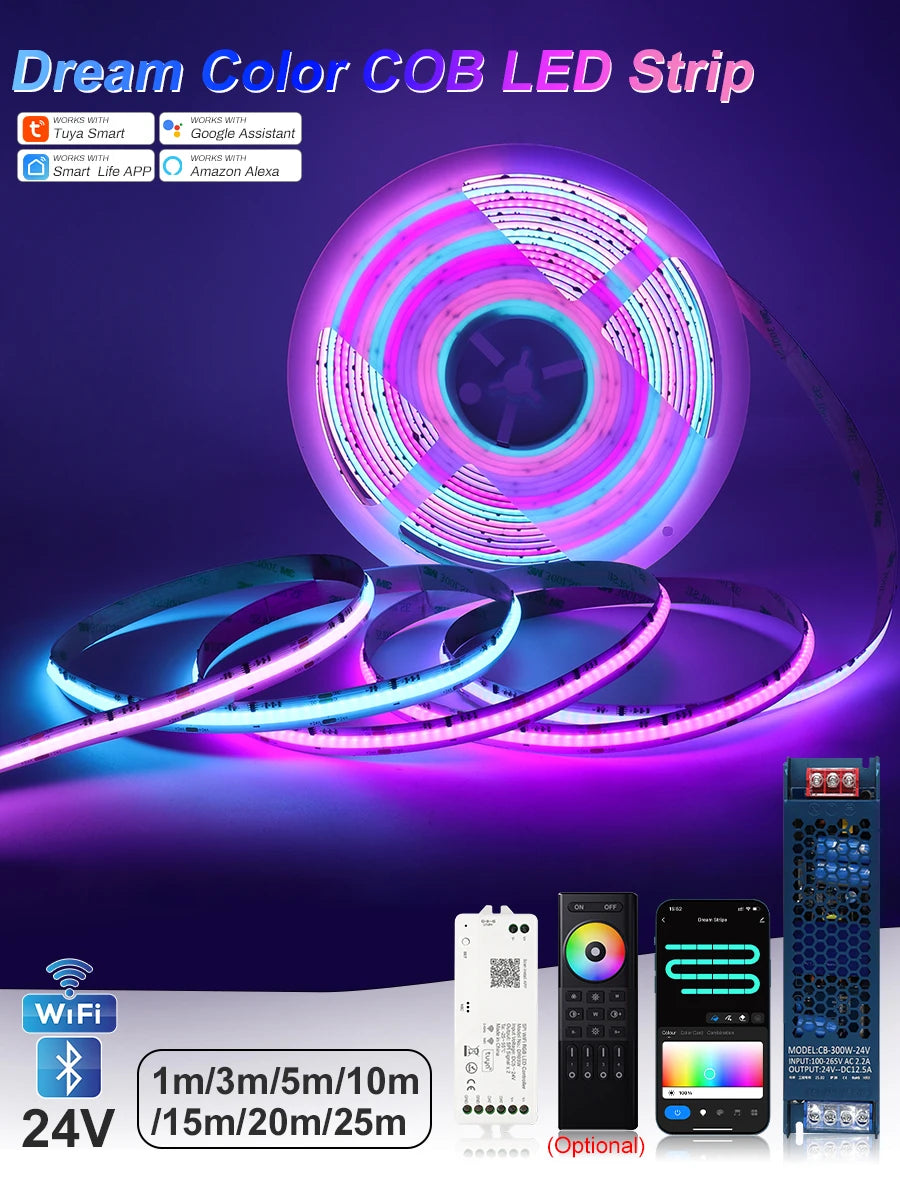 1-25M RGB Addressable COB LED Strip Light 24V WS2811 Pixel LED Strip Tuya WiFi RGBIC LED Ribbon Light Kit For TV Room decoration.