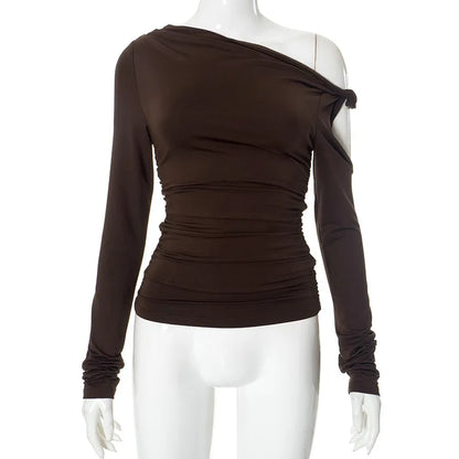 European and American Women's Autumn New Solid One-shoulder Tilted Collar Pleated Asymmetrical Sexy Long-sleeved Top for Women.