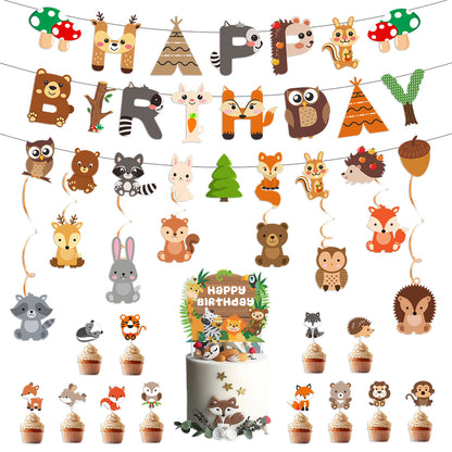 Wald Wald Thema Hintergrund Safari Tiere Alles Gute zum Geburtstag Banner Spirale Aufhänger Kuchen Topper Baby Dusche Geburtstag Party Dekor.