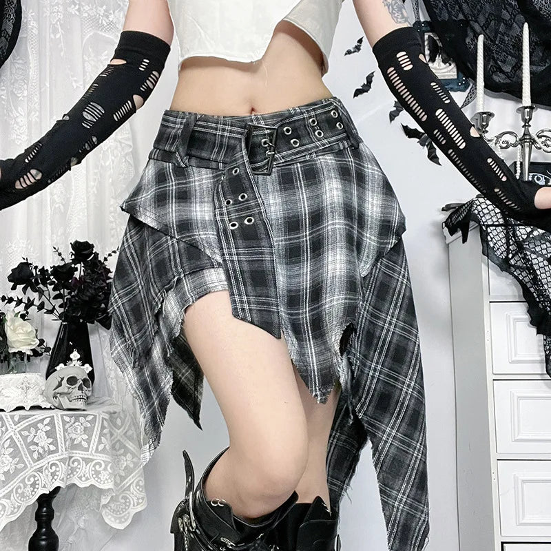 Goth Dark Punk Grunge Irregular Hem Short Skirts Women Streetwear Mall Gothic Plaid Pleated Mini Skirt Y2K Fashion Alt Bottoms.
