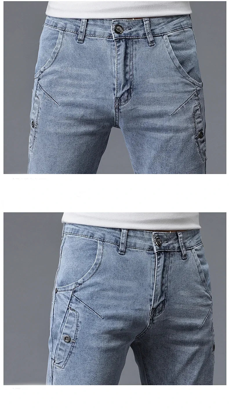 2024 New Men's Skinny Jeans Blue Gray Cotton Elasticity Straight Pencil Foot Slim Fit Fashionable Casual Denim Long Pants Male