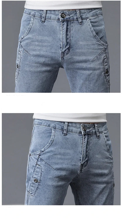 2024 New Men's Skinny Jeans Blue Gray Cotton Elasticity Straight Pencil Foot Slim Fit Fashionable Casual Denim Long Pants Male