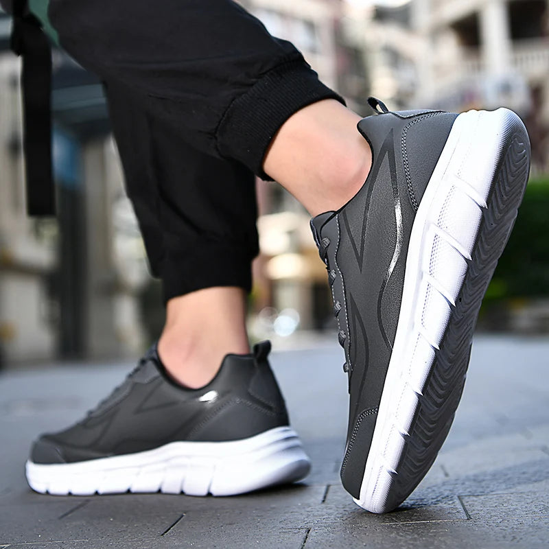 YRZL Black Running Shoes Leather Waterproof Athletic Sneakers Men Wear-resistant Men Walking Sport Shoes Comfortable Men Shoes.