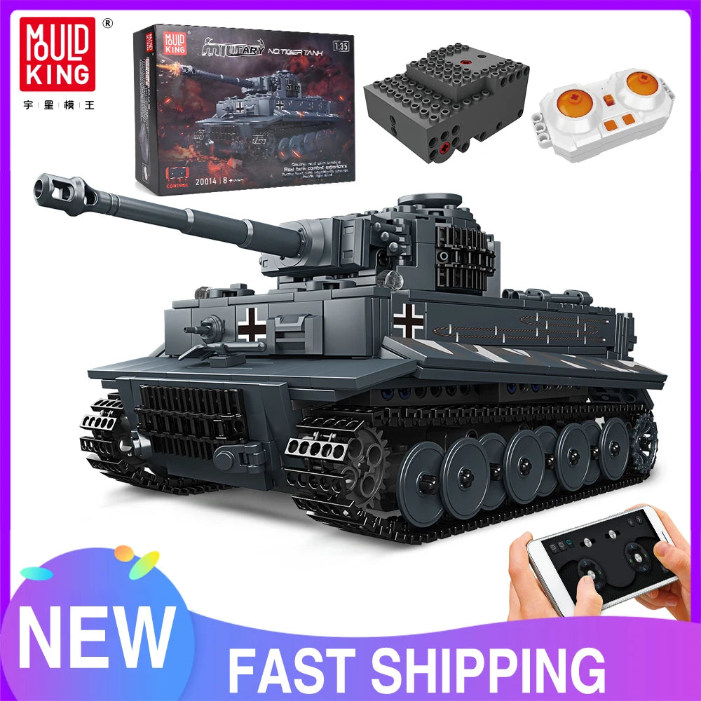 Mould King 20014 Military Toys The APP&RC Motorized Tiger Tank Model Assembly Technical Car Building Block Kids Christmas Gifts.