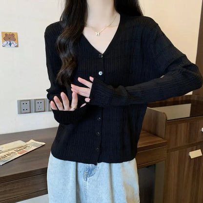 Women's Long-sleeved Button Cardigan Solid Color Casual Loose Fashion Top.