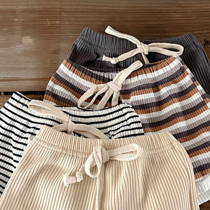 Korean Version Summer Kids Baby Girls Boys Short Sleeve Striped Top Tees +shorts Pants Infant Cute Pure Cotton Clothing Set