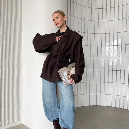 Fashion Solid Revers Hals Schulter Pad Anzug Jacke Frauen Langarm Eine Taste Spitze Up Mantel 2025, Herbst Neue Highstreet Büro Tragen.