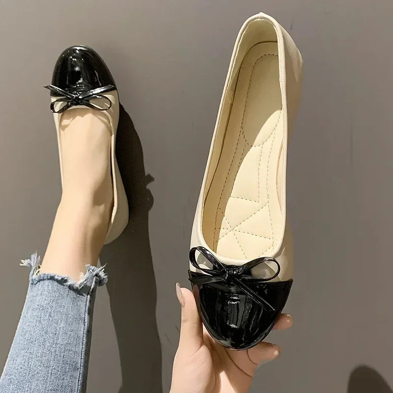 Ballerina Women's Flat Shoes Comfort Non-slip Ladies Loafers Leather Flats Elegant Bowknot Women's Single Shoes Mother's Shoes.
