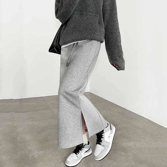Women's Gray Split Midi Skirts Elasticity Waist Casual Loose Long Skirts Female Autumn Winter Thicken Plus Velvet Straight Skirt.