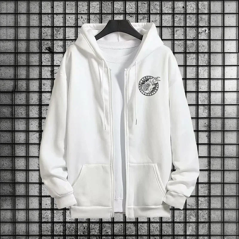 Viking Raven Print Mens Casual Tracksuit Set 2025 New 2 Pieces Zipper Hoodie with Pants Urban Streetwear Outfit Autumn Winter.