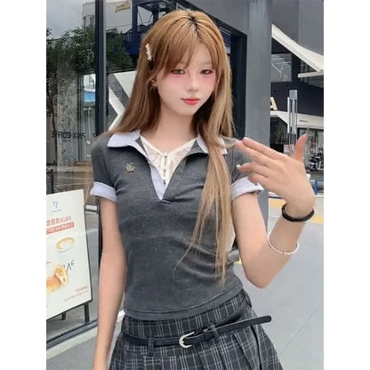 Slim Fit Short Sleeve Polo Neck T-Shirt Women's Summer Fashion Two-Piece Set Heavy Industry Korean Style Spicy Girl Top.