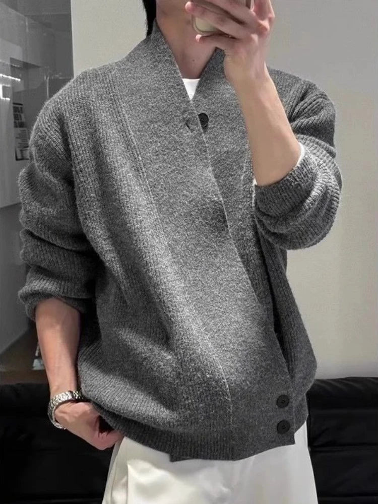 Men's Clean Fit Loose Knit Cardigan - Autumn Winter Ash Gray Relaxed Fit Dao-Style Sweater, Cozy Oversized Outerwear.