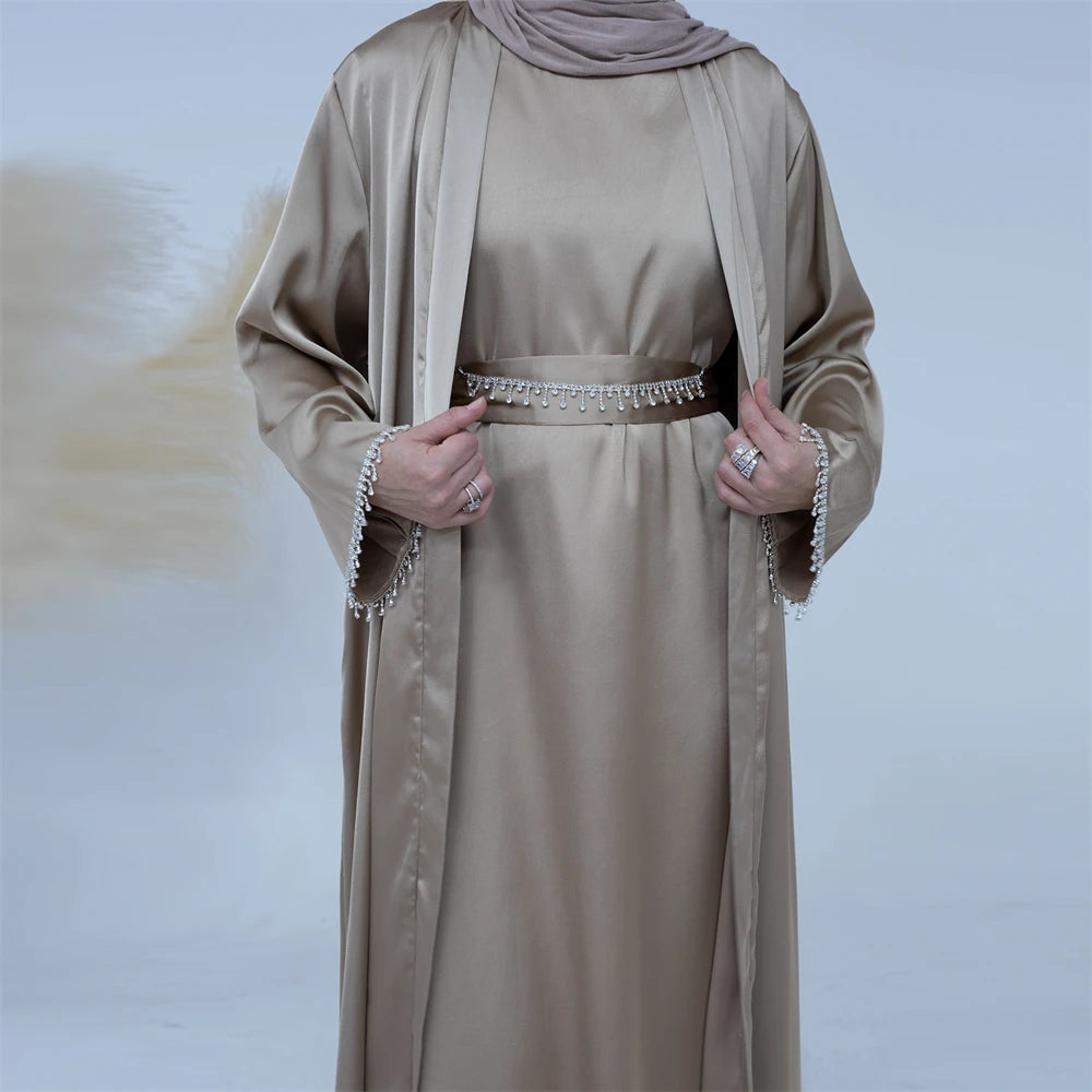 Ramadan Kebaya Chain Satin Kimono 2 Piece Abaya Set Turkey Islam Dress Muslim Sets Abayas For Women Robe Femme Musulmane Kaftan.