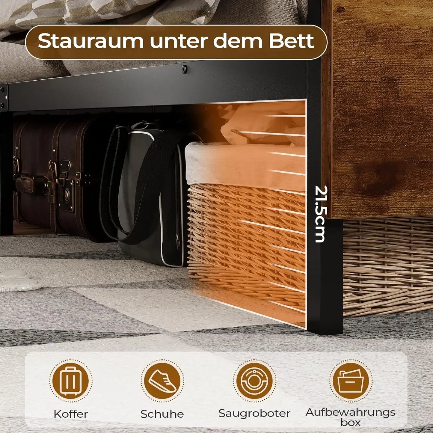 120 x 200 LED-beleuchteter Metallbettrahmen mit Steckdose und USB-Ladefunktion, Holzkopfteil, Stauraumbett B