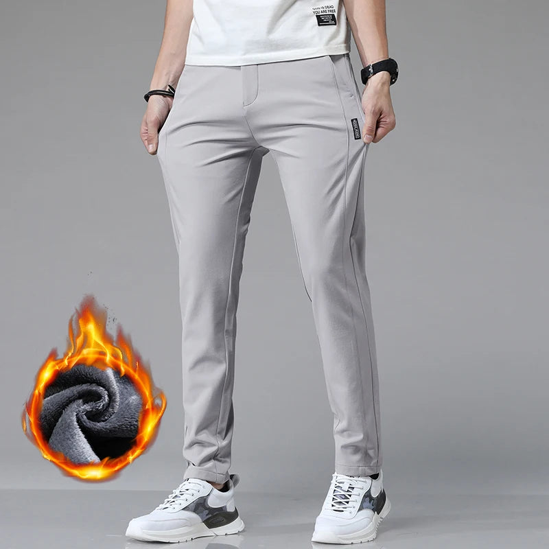 Korean Men's Warm Golf Pants Slim Straight Winter Thick Fleece Casual Pants Business Fashion Stretch Thermal Trousers Male.