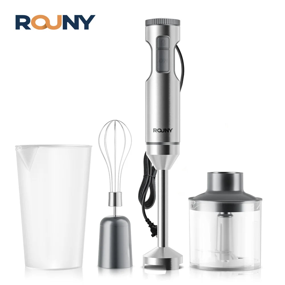 ROUNY 4-in-1 Hand Immersion Blender 1000W Powerful, Stainless Steel Stick Food Mixer,700ml Mixing Beaker,500ml Processor, Whisk.