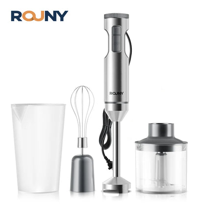 ROUNY 4-in-1 Hand Immersion Blender 1000W Powerful, Stainless Steel Stick Food Mixer,700ml Mixing Beaker,500ml Processor, Whisk.